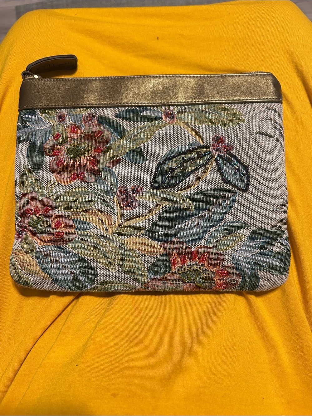Floral Tapestry Zip Cosmetic Pouch with Gold Trim